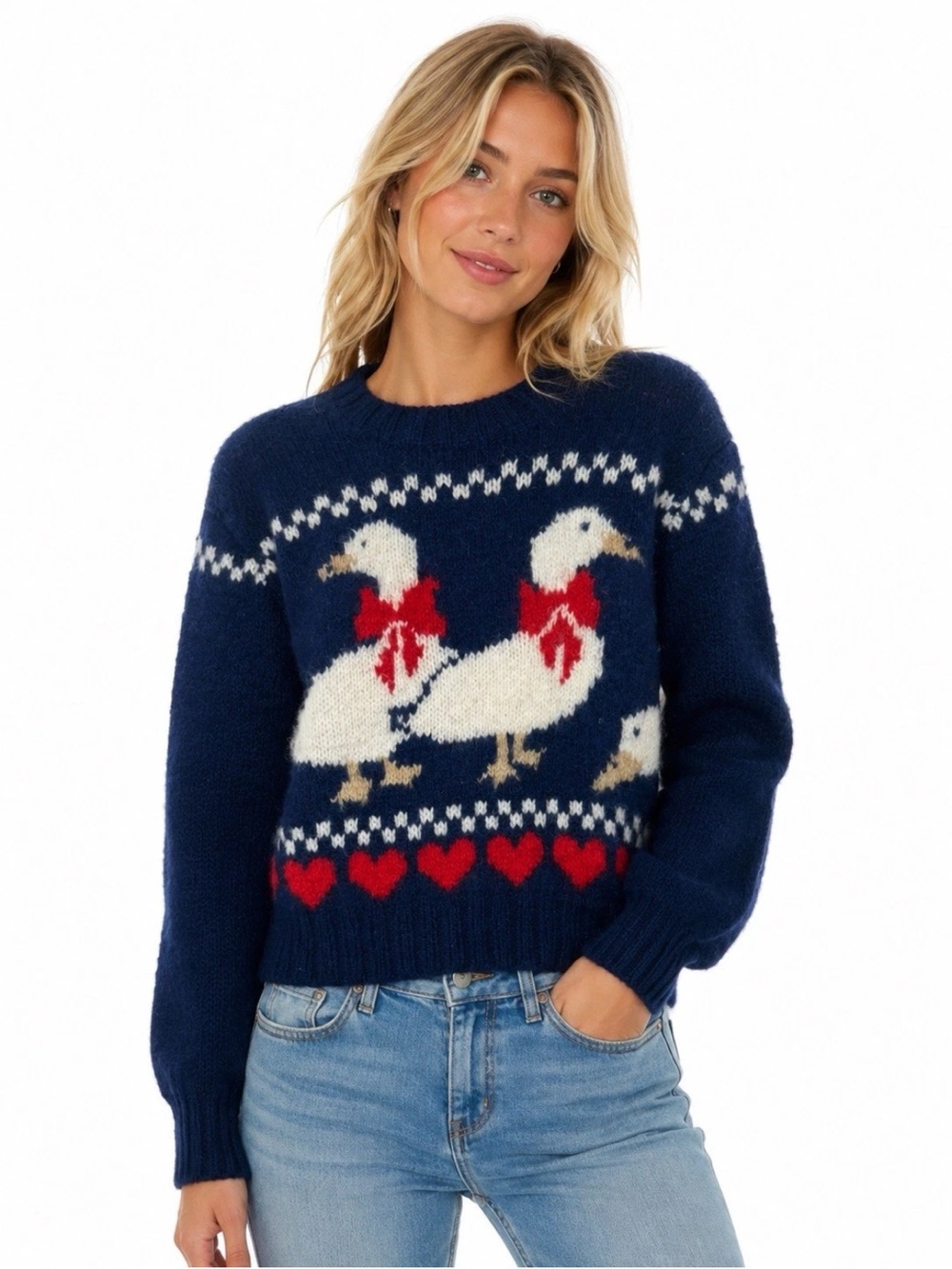 Vintage 80's The Woolrich Woman 100% Wool Duck Heart Sweater Women's Size S Navy